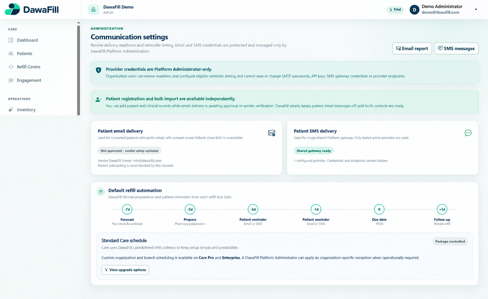 DawaFill reminder settings showing that patients can be added before email approval and sending-address checks are complete