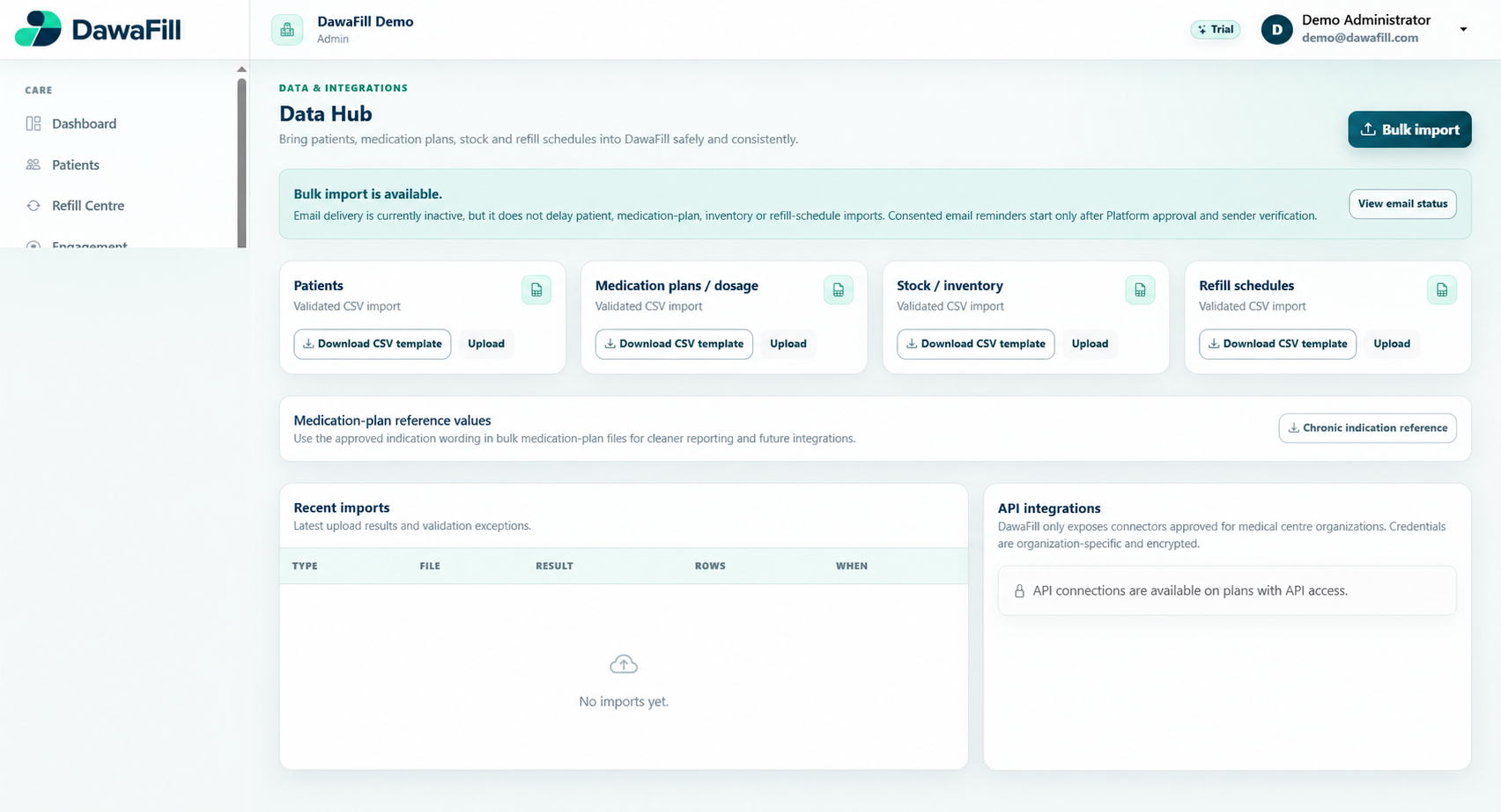 DawaFill record uploads for patient, medicine, stock and refill lists, available before email setup is complete